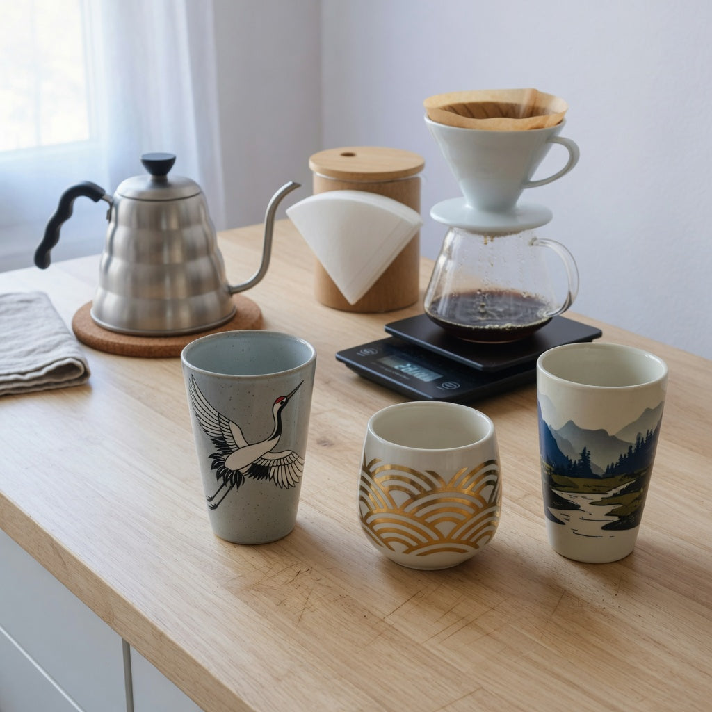 high quality ceramic coffee mugs home coffee station product shortlist guide showing three decorative mugs beside a pour-over setup