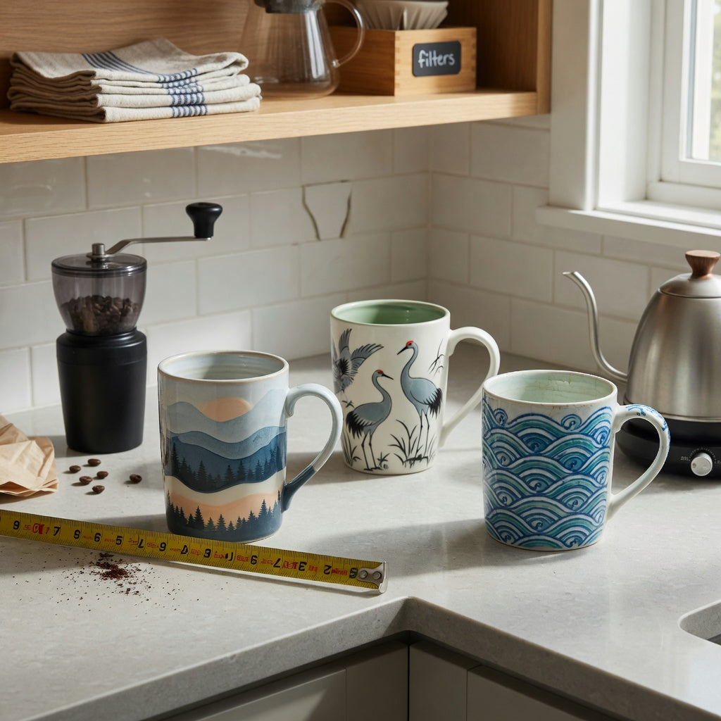 high quality ceramic coffee mugs home coffee station practical purchase checklist with three mugs, a grinder, kettle, and measuring tape