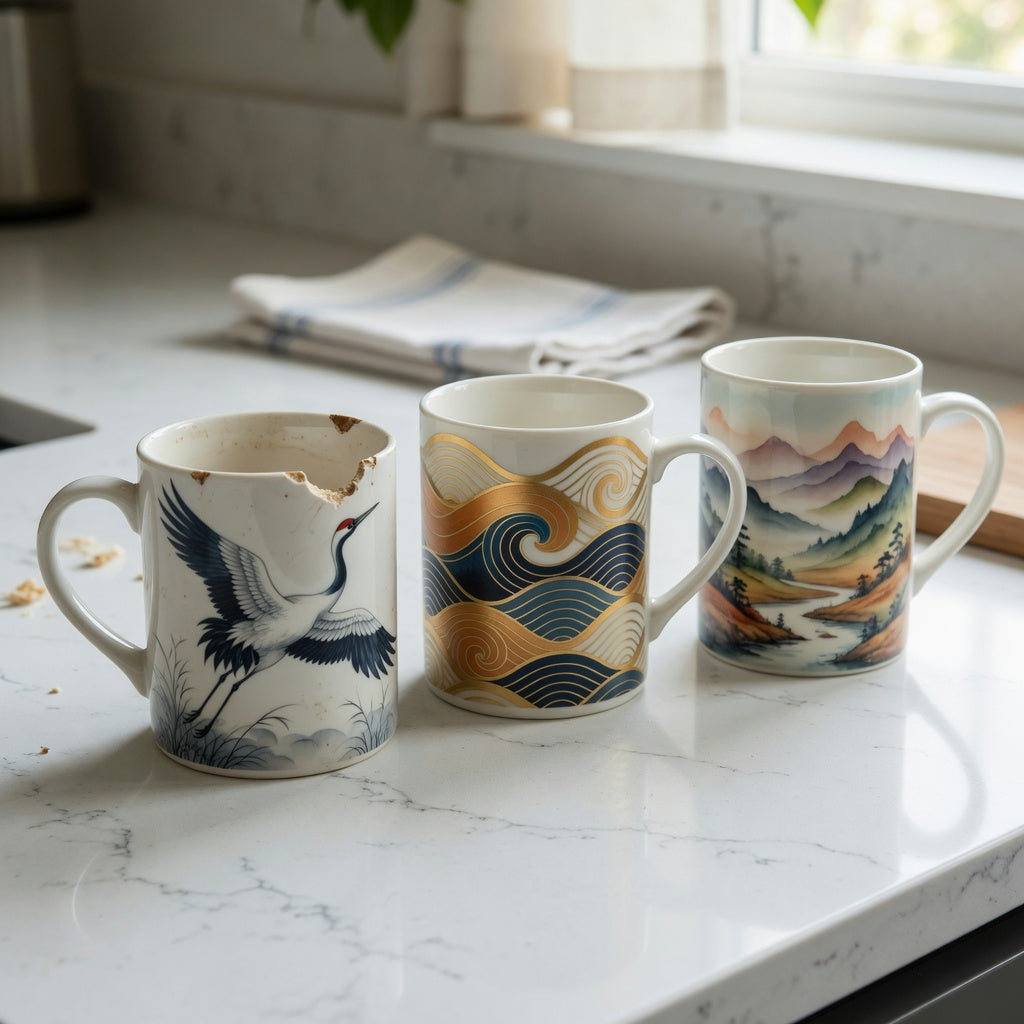 Chipped old mug beside The Crane, Golden Waves Kio, and Landscape Tall for a high quality ceramic coffee mugs replacement purchase product shortlist guide