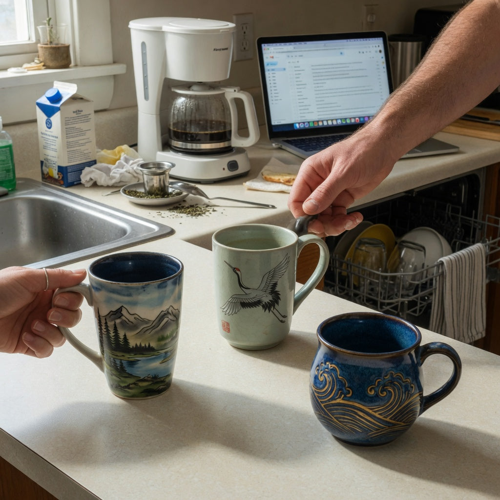 High quality ceramic coffee mugs shared household practical purchase checklist shown with three distinct mugs on a busy kitchen counter