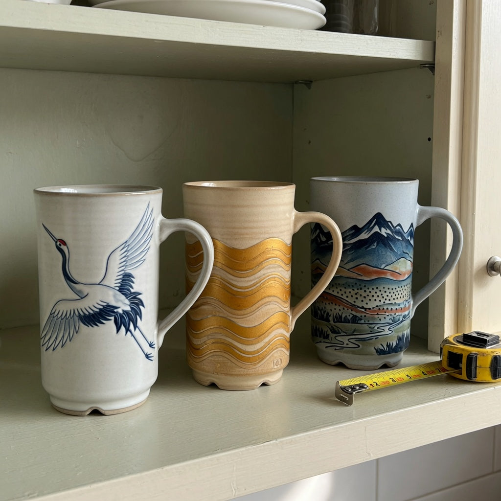 High quality ceramic coffee mugs storage fit guide showing The Crane, Golden Waves Kio, and Landscape Tall mugs on a cabinet shelf