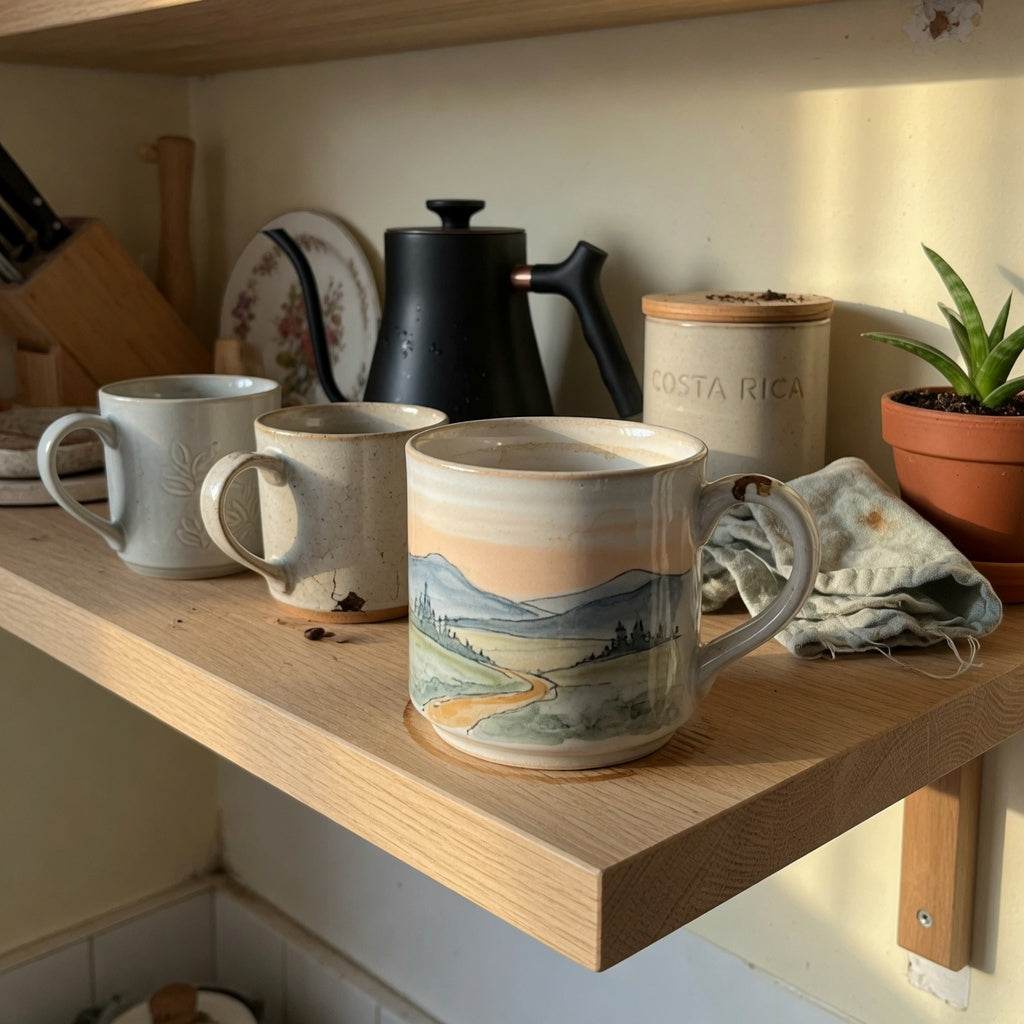 Home decor coffee mug for coffee lovers displayed on an oak coffee-bar shelf beside a pour-over kettle