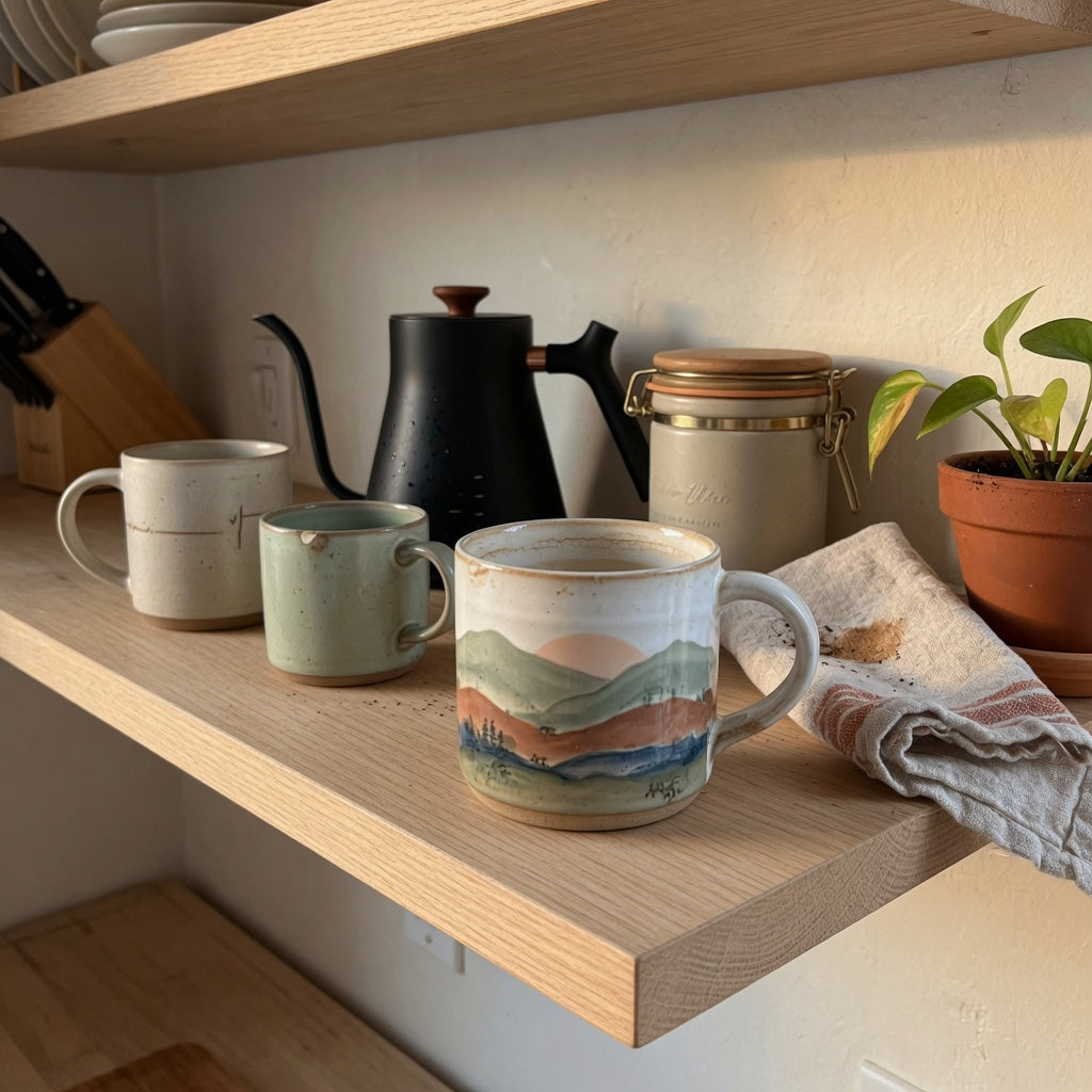 Home decor coffee mug for coffee lovers displayed on an oak coffee-bar shelf beside a pour-over kettle