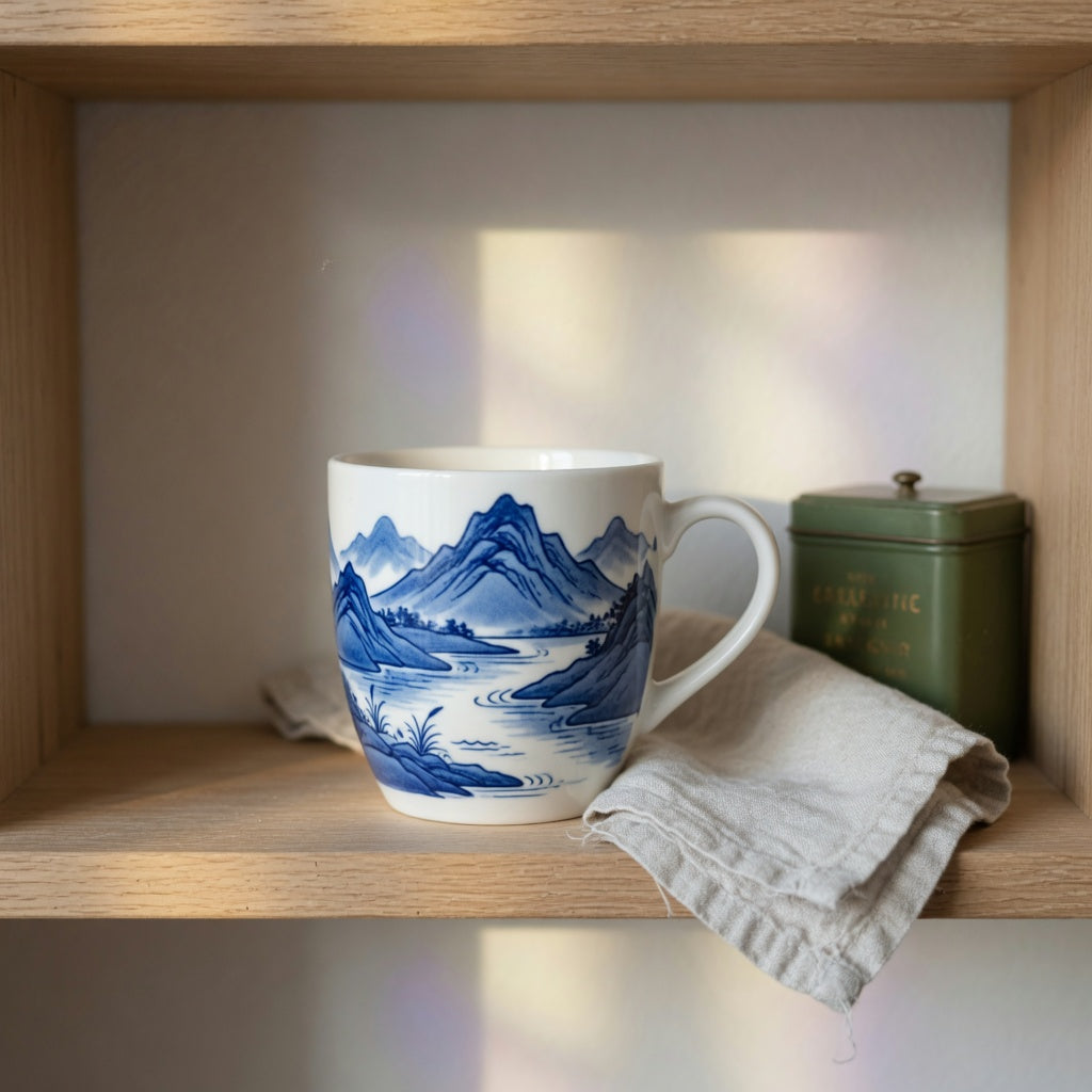 Home decor landscape tea mug with a blue mountain scene on an oak shelf beside loose tea