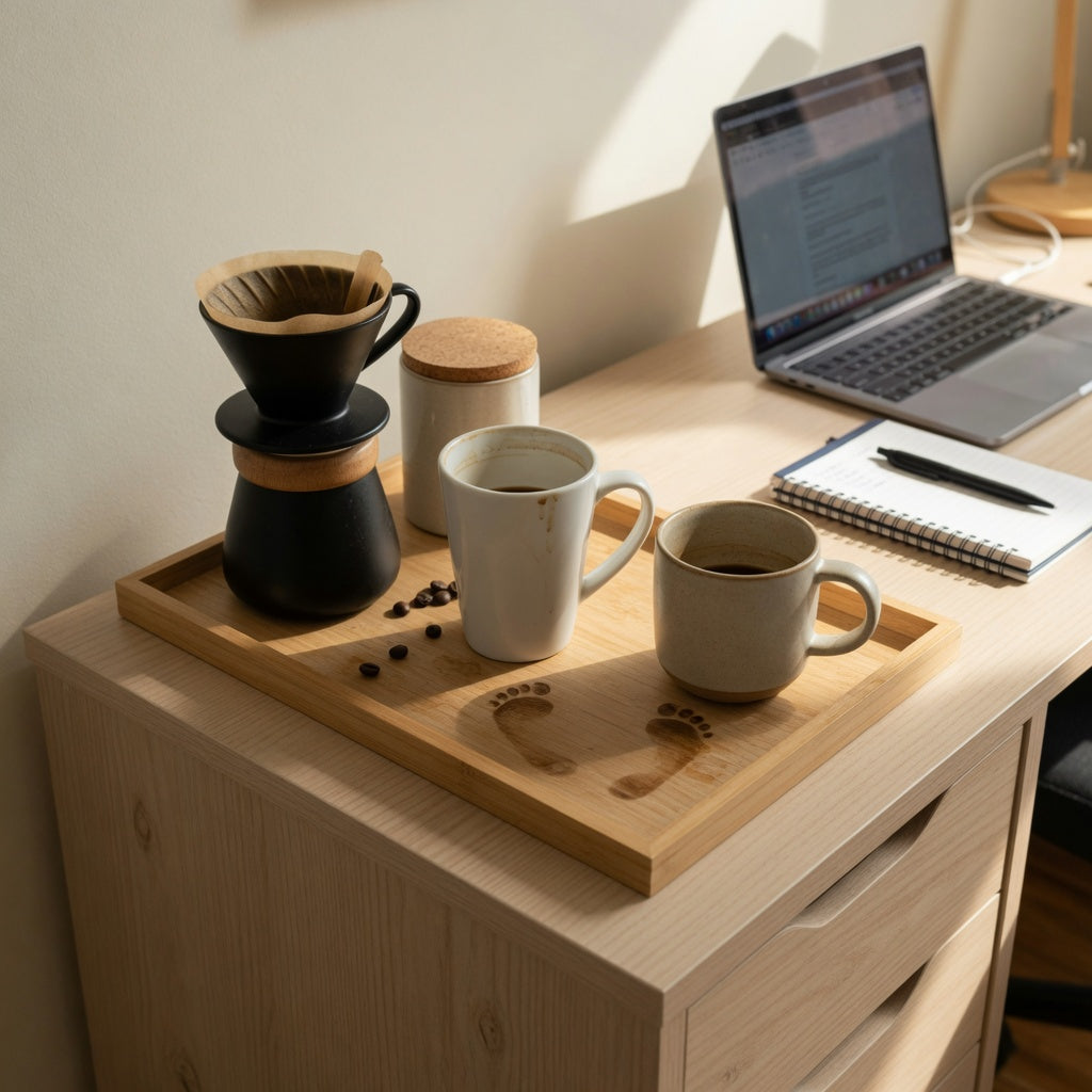 Home office coffee station mugs in tall and round shapes on a compact desk-side tray