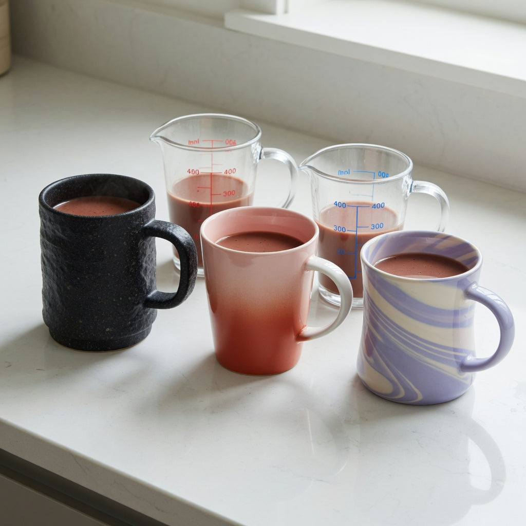 Hot cocoa mug current product facts showing The Rock 480 ml mug beside The Gradient and The Flow 400 ml mugs