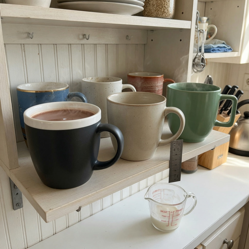 Hot cocoa mug everyday mug rotation practical purchase checklist scene with three mugs beside a ruler on an open kitchen shelf