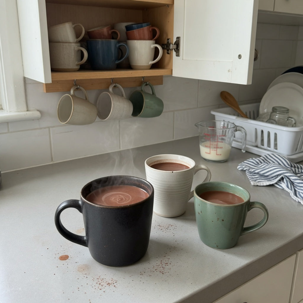 hot cocoa mug everyday mug rotation product shortlist guide with three mugs beside an open kitchen cabinet