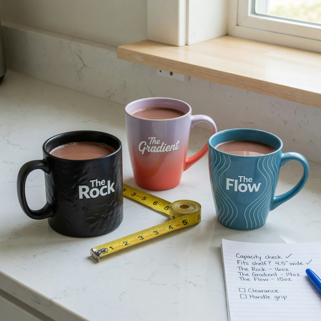 Hot cocoa mug gift choice practical purchase checklist showing The Rock 480 ml beside The Gradient and The Flow 400 ml mugs