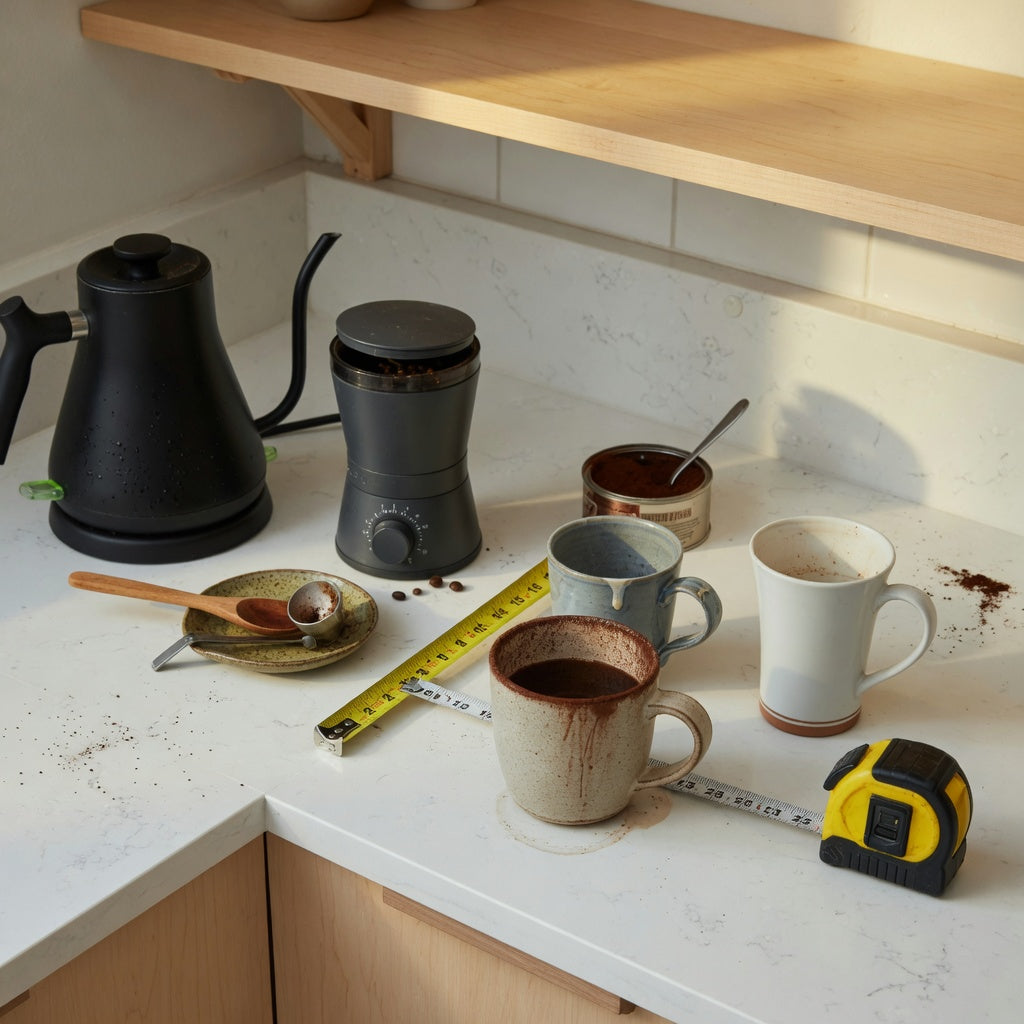 A hot cocoa mug home coffee station practical purchase checklist shown with mugs, a tape measure, kettle, and grinder on a kitchen counter
