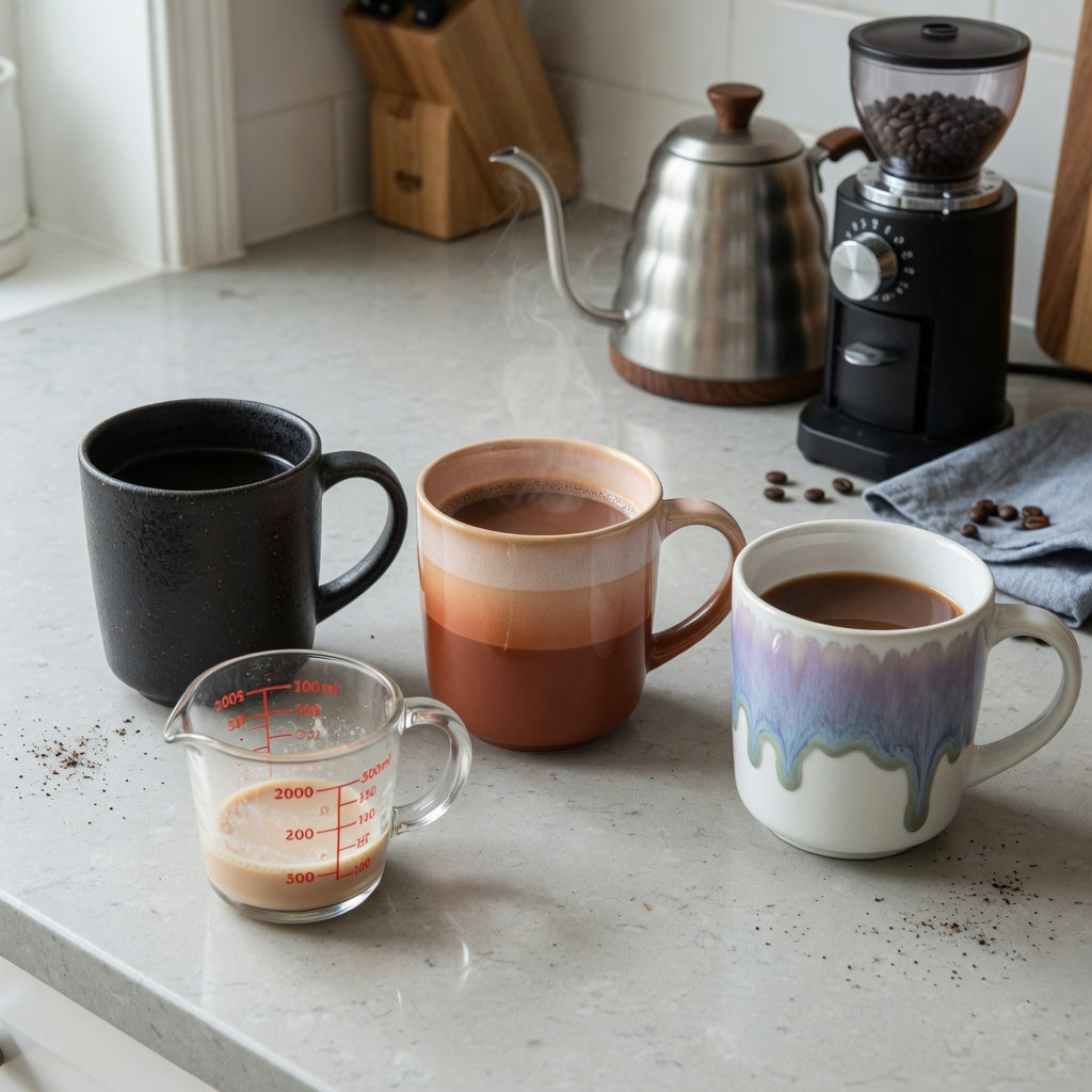 hot cocoa mug home coffee station product shortlist guide comparing The Rock 480 ml, The Gradient 400 ml, and The Flow 400 ml on a kitchen counter