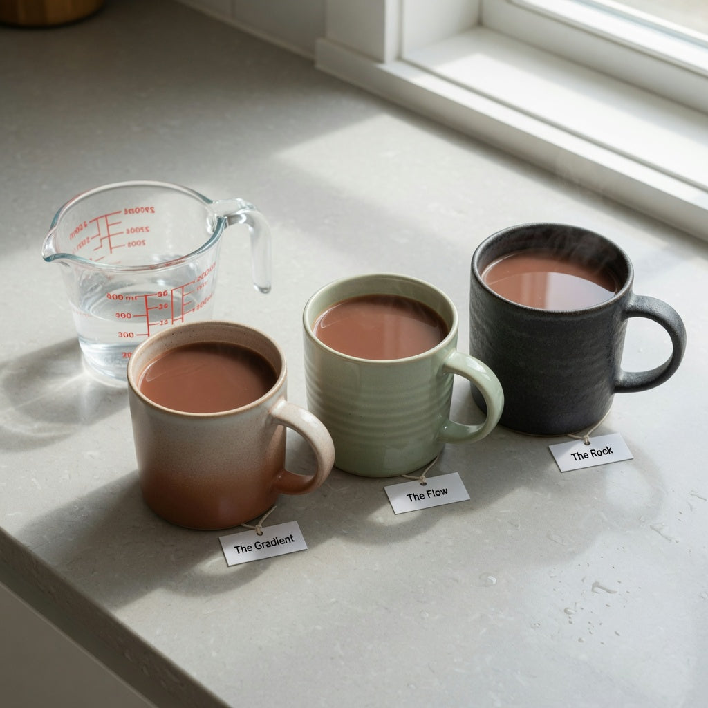 A hot cocoa mug size decision guide comparison showing 400 ml Gradient and Flow mugs beside the 480 ml Rock