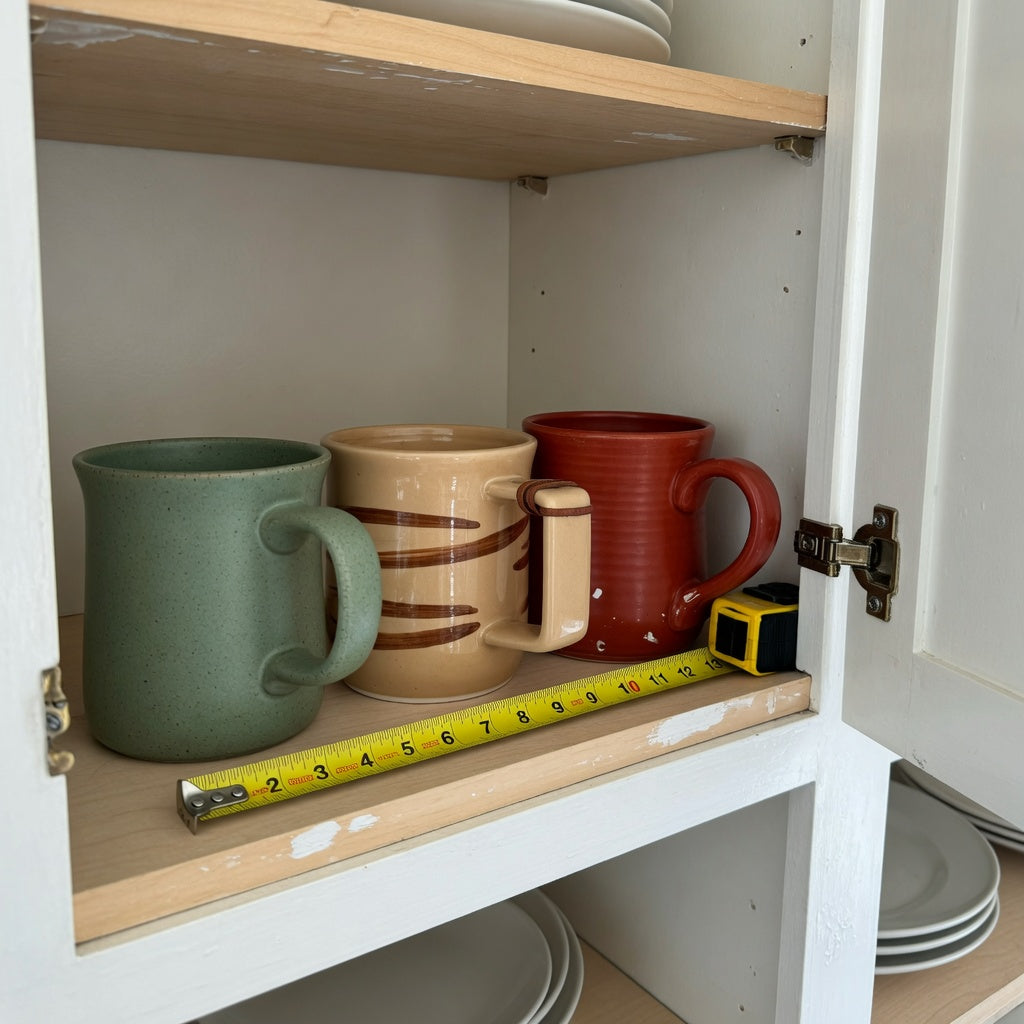 Hot cocoa mug storage fit guide showing three handled mugs, shelf depth, handle projection, and cabinet-door clearance