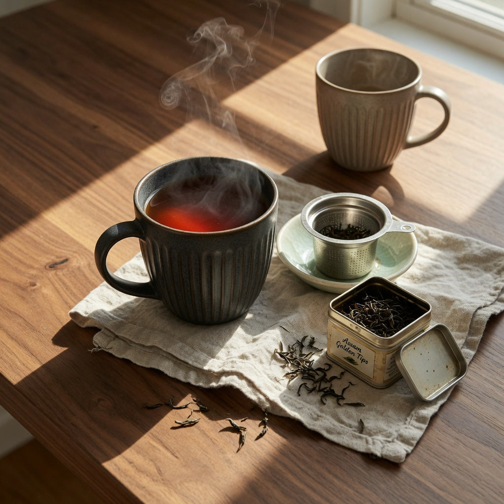 Steam rising from a stoneware hot tea mug beside a loose-leaf tea tin and infuser basket on a wooden table