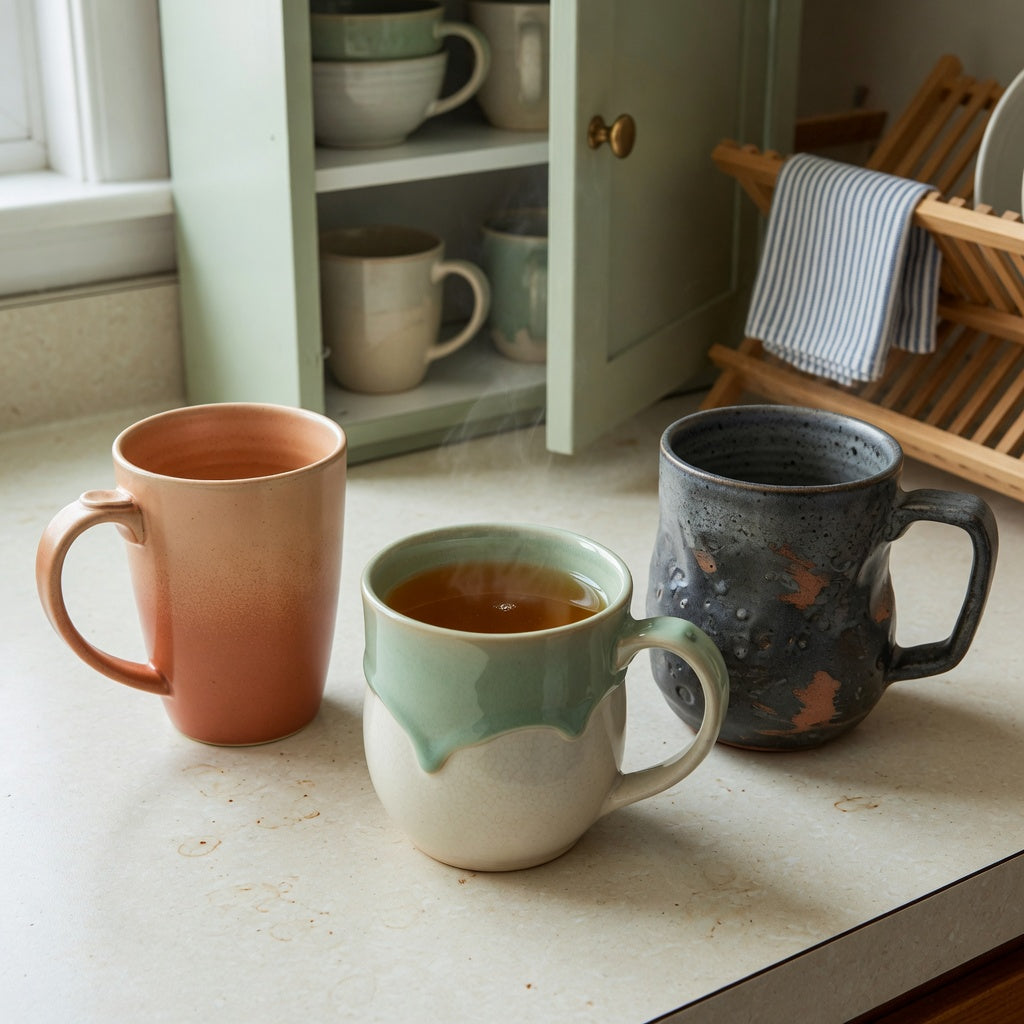 hot toddy mug everyday mug rotation product shortlist guide showing two 400 ml ceramic mugs and one 480 ml mug on a kitchen counter