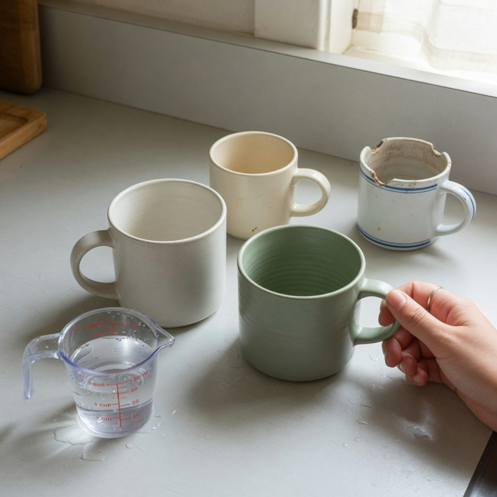 Hot toddy mug replacement purchase product shortlist guide showing three ceramic mugs compared by capacity and handle shape
