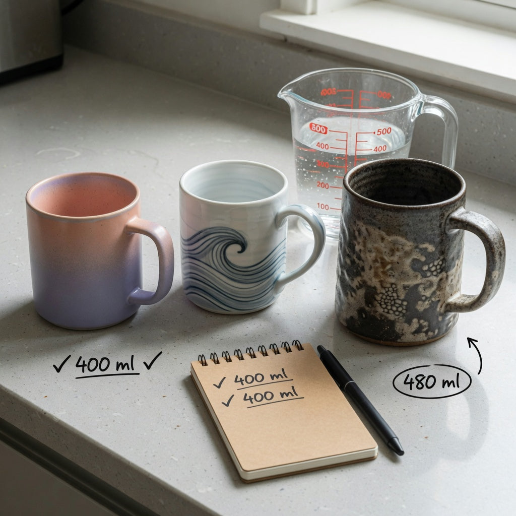 Hot toddy mug size decision guide comparing 400 ml and 480 ml ceramic mugs by capacity and handle shape