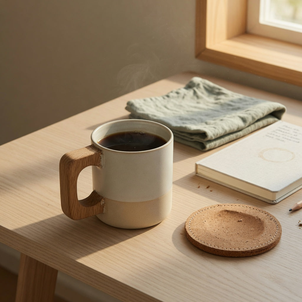 Is a wooden handle coffee mug practical for everyday use? Wood-grip mug on a home desk beside a coaster and folded drying cloth.