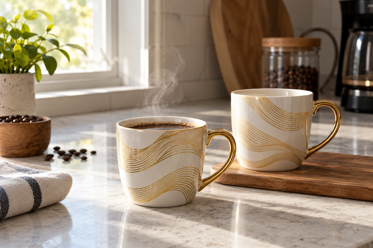 Kio coffee tea mug comparison: the Golden Waves model in daily use for coffee and tea