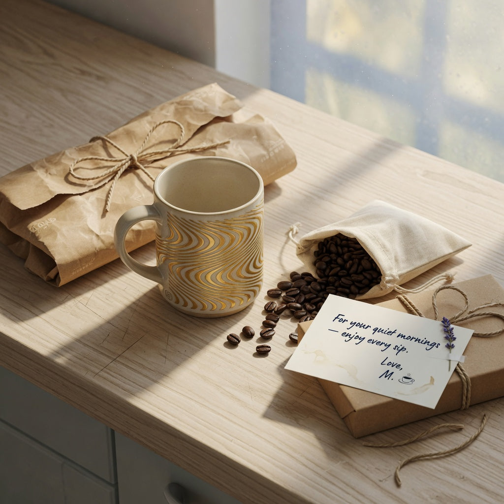 Kio mug gift ideas: Golden Waves decorative coffee and tea mug styled with kraft wrap, twine, and coffee beans on a wooden counter