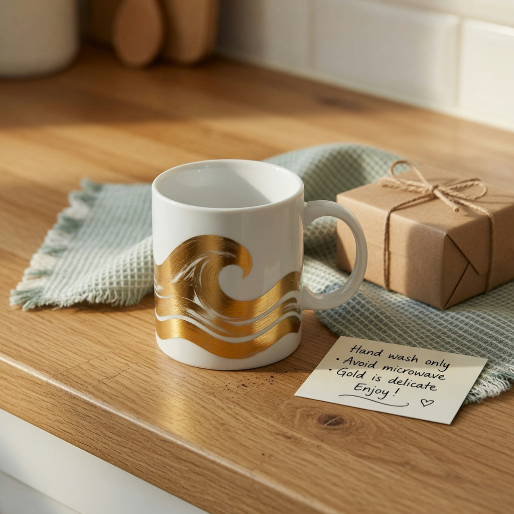 Kio mug golden waves gift on a kitchen counter beside a small gift box and a handwritten care note