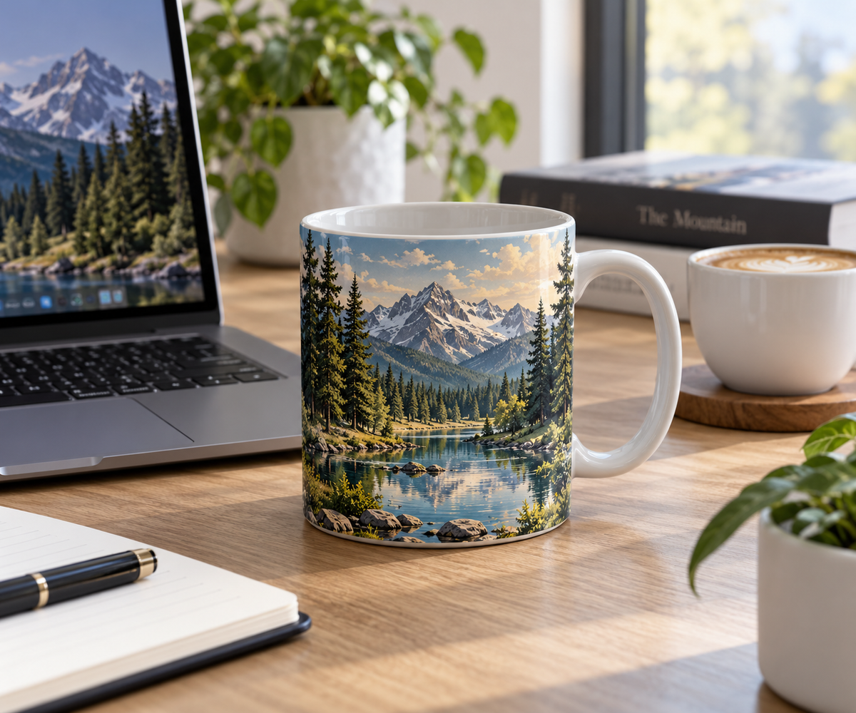 landscape ceramic mug for office desk with scenic landscape print