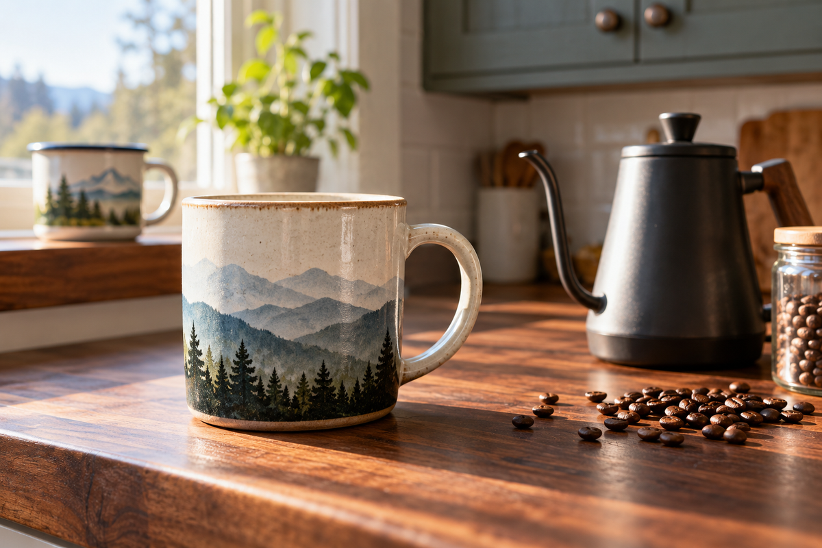 Landscape coffee mug for coffee lovers showing a mountain print on a kitchen counter beside a pour-over kettle