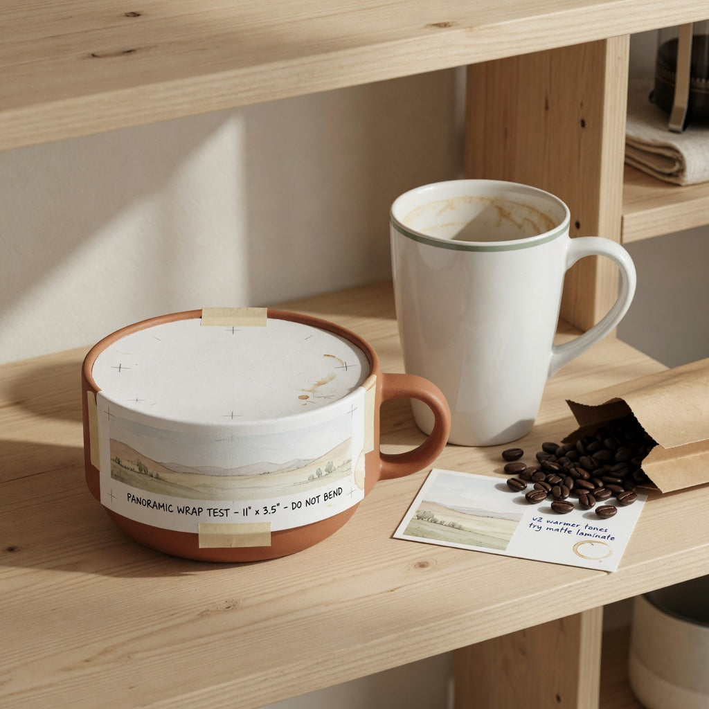 Landscape mug vs tall mug side by side on an open shelf coffee corner, showing the wide panoramic shape next to the tall latte shape