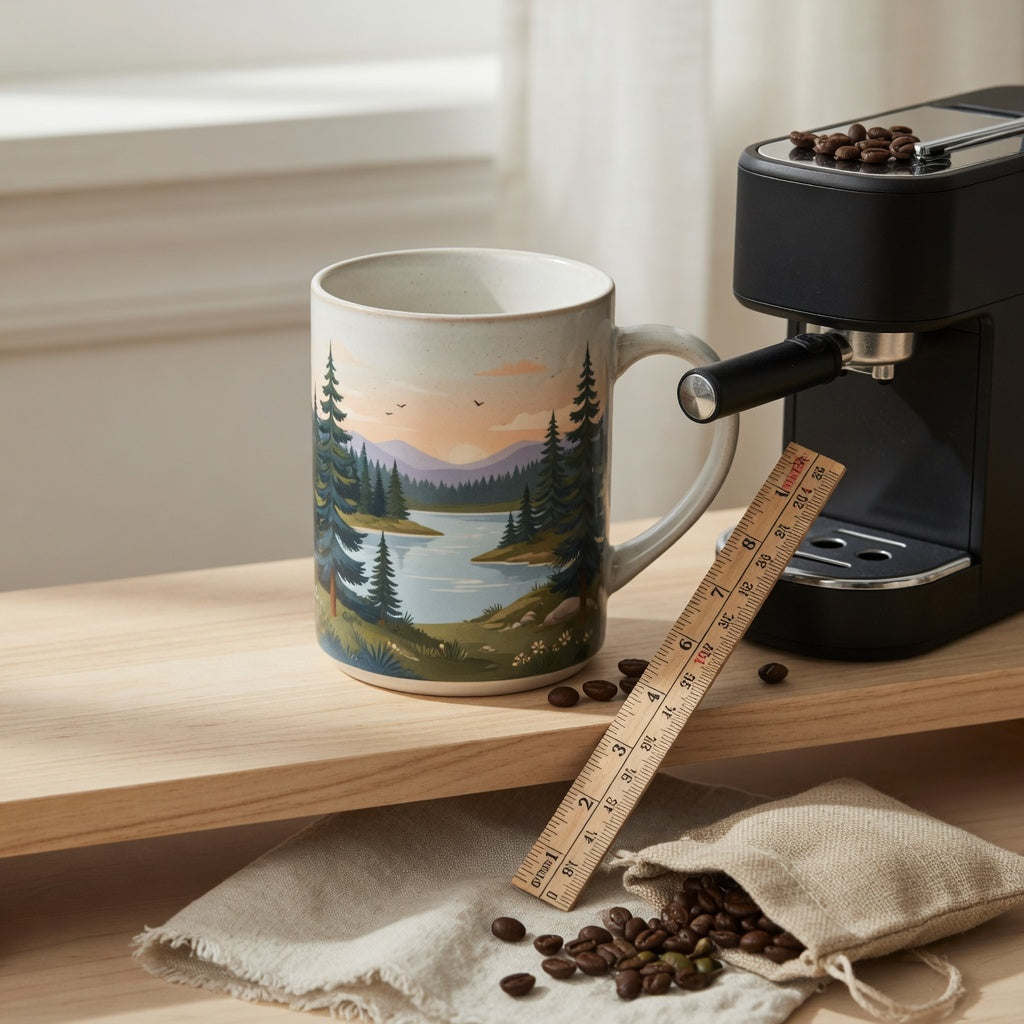 Landscape tall mug beside a compact coffee machine on an open-shelf coffee corner