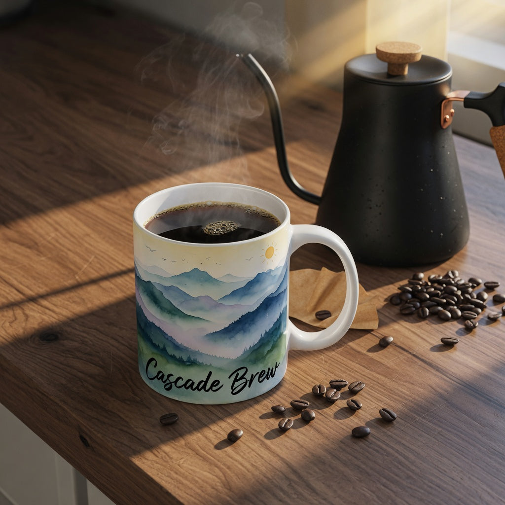 Landscape tea mug for coffee lovers with a mountain scene print, filled with fresh drip coffee on a sunlit kitchen counter
