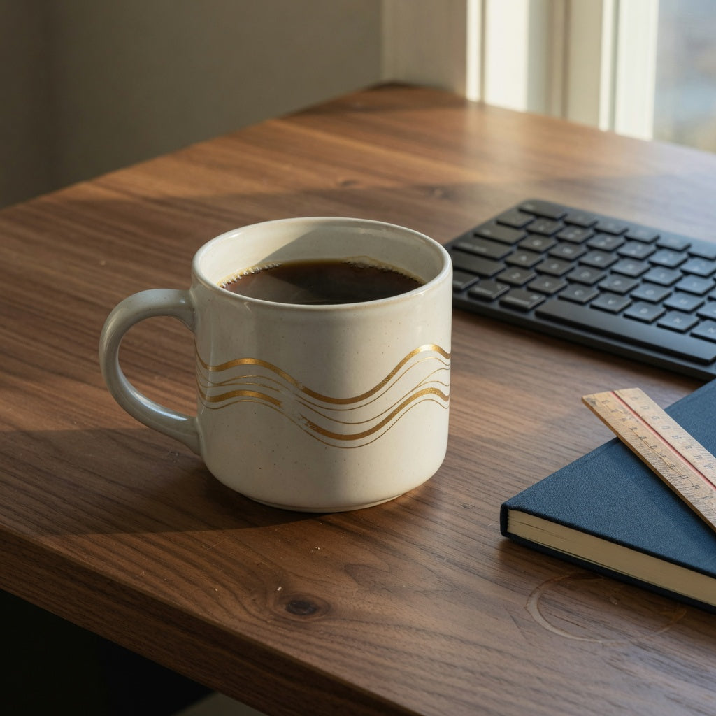 A large coffee mug for desk use beside a keyboard, with a ruler for checking brewer clearance