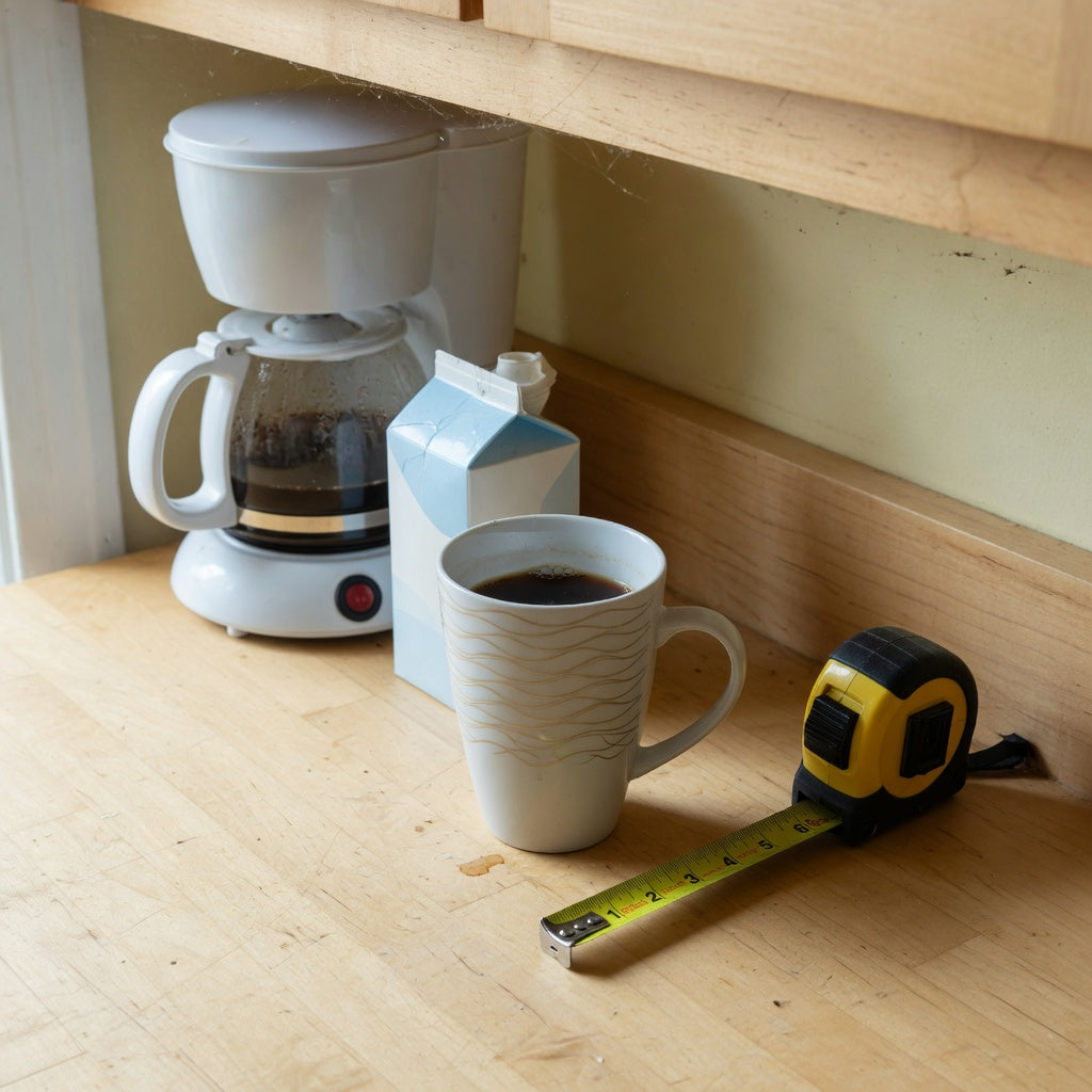 Large coffee mug gift on a kitchen counter next to a drip brewer, showing handle room and height under the cabinet