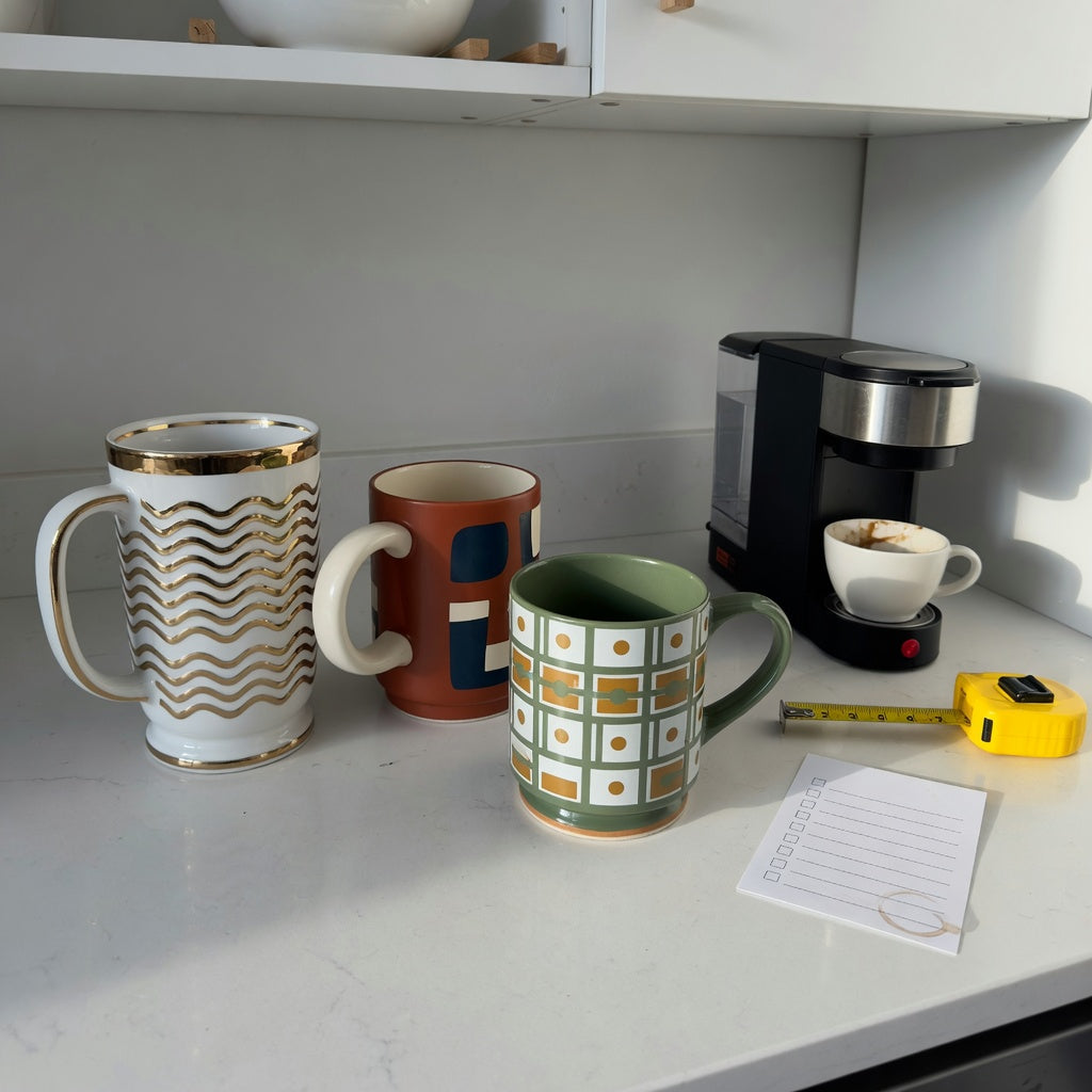 Large decorative coffee mugs gift choice practical purchase checklist shown with wave-style mugs, a brewer, and a tape measure