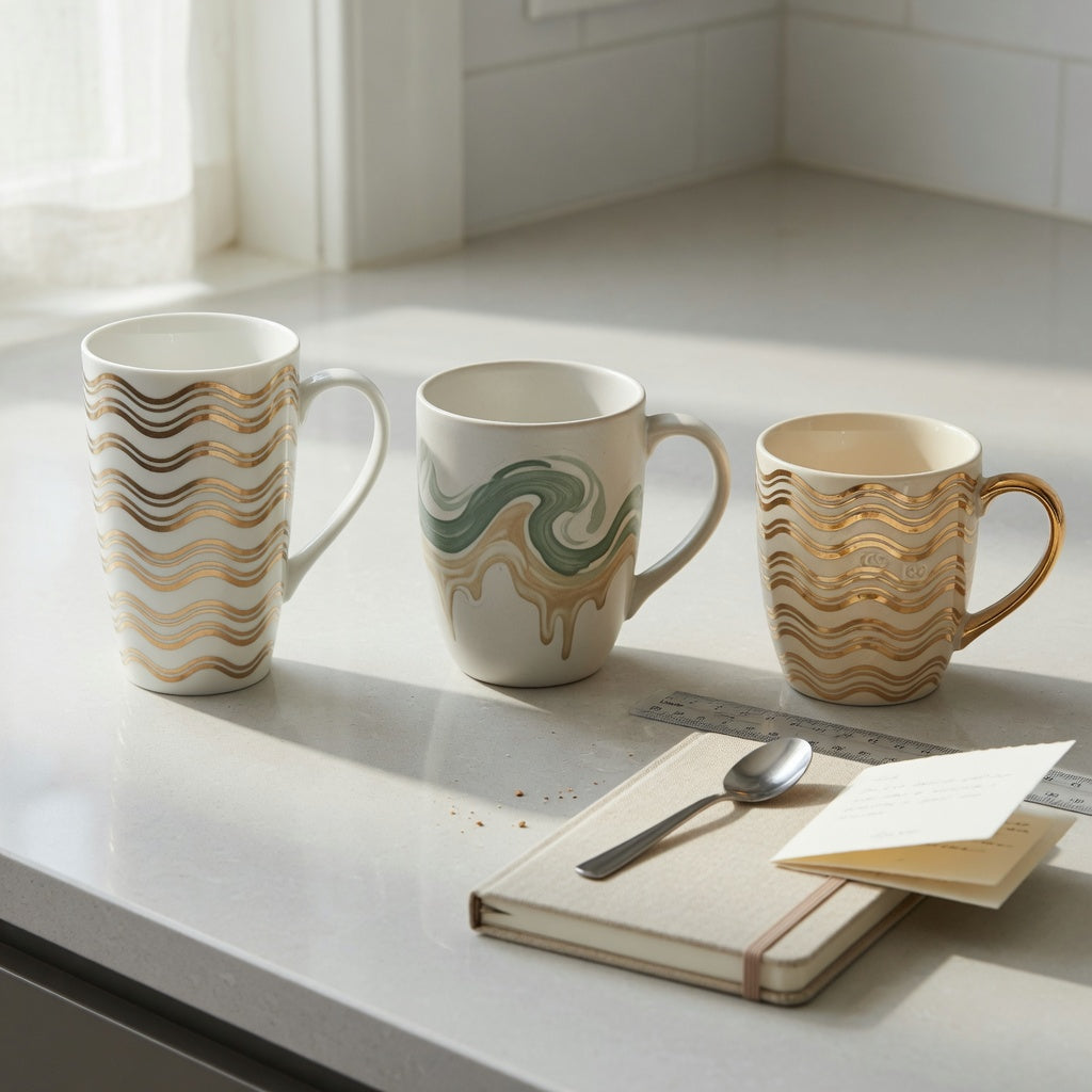 large decorative coffee mugs gift choice product shortlist guide comparison on a clear kitchen counter