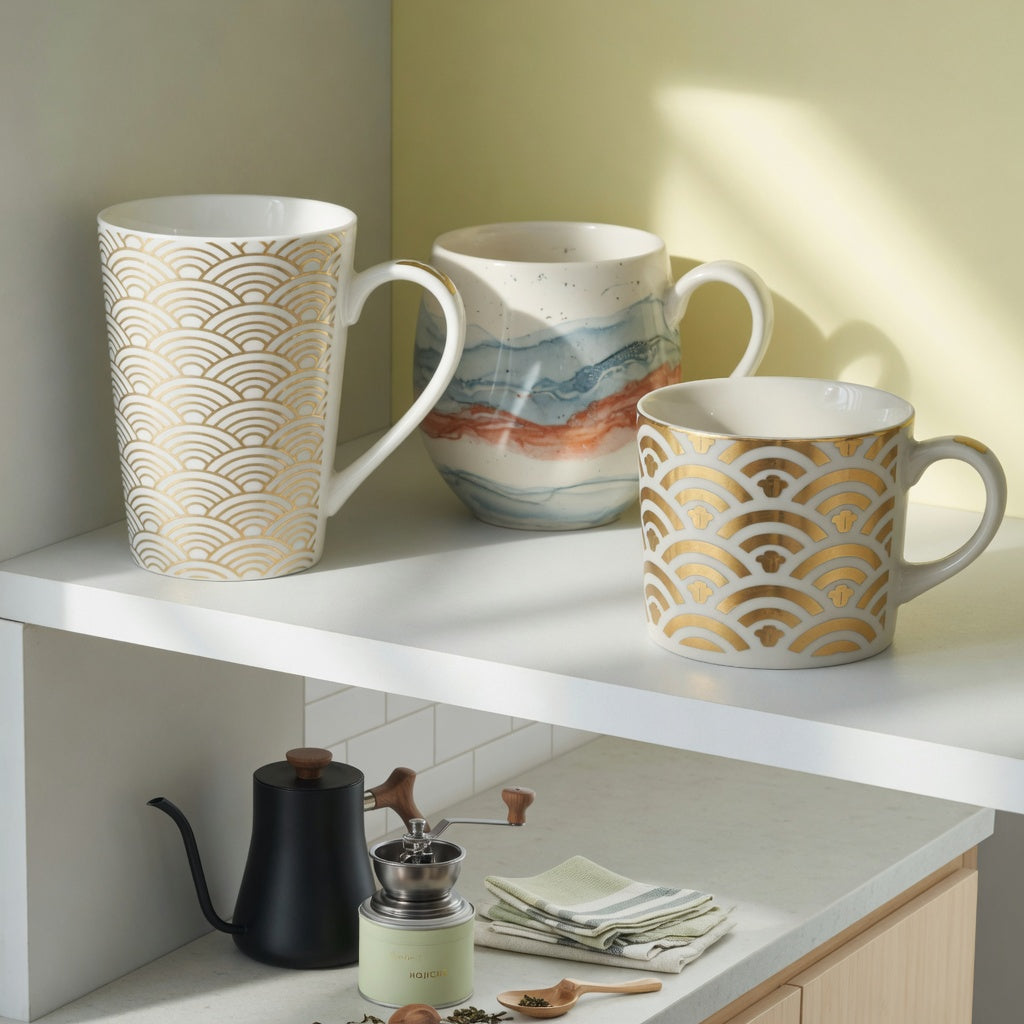 Featured image for the large decorative coffee mugs home coffee station product shortlist guide showing three mugs on open shelves