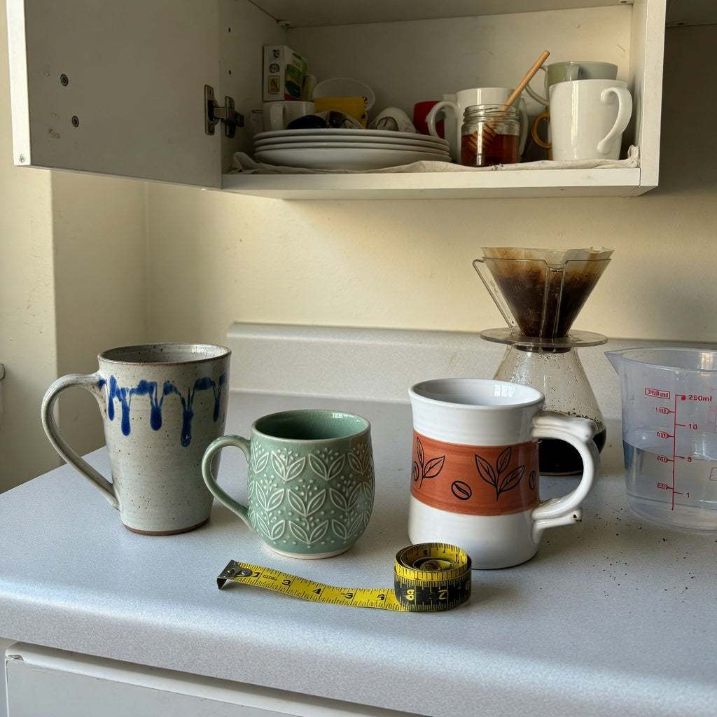 large decorative coffee mugs first time buyer practical purchase checklist with mugs, a measuring tape, and a measuring jug on a kitchen counter