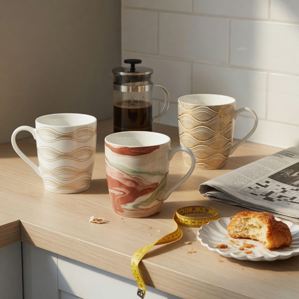 large decorative coffee mugs weekend coffee practical purchase checklist with white-and-golden waves, a flowing design, and a golden-wave mug on a kitchen counter