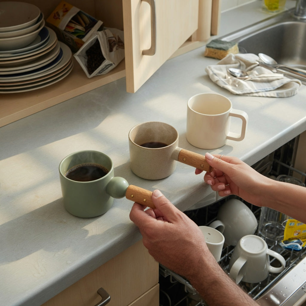 ceramic coffee mugs with large handles shared household practical purchase checklist shown on a kitchen counter with different handle styles