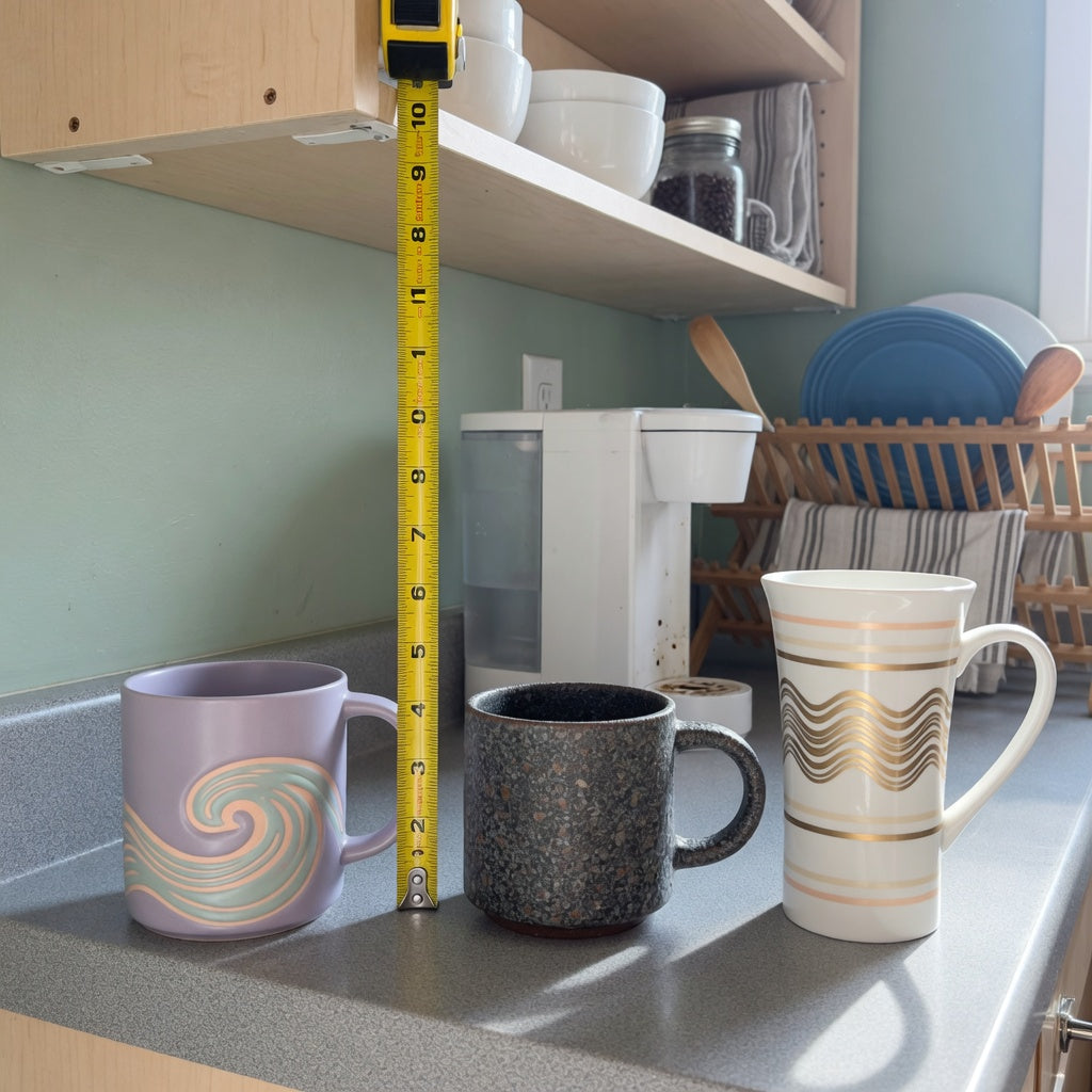 Large unique coffee mugs compact kitchen product shortlist guide with three mugs measured on a narrow counter