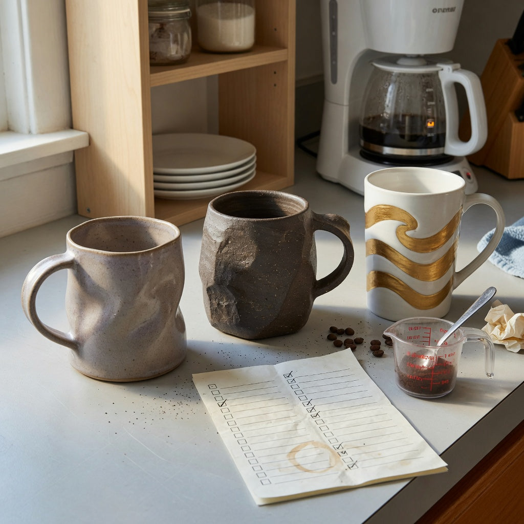 A large unique coffee mugs first time buyer practical purchase checklist beside three statement mugs, a measuring cup, and a coffee maker