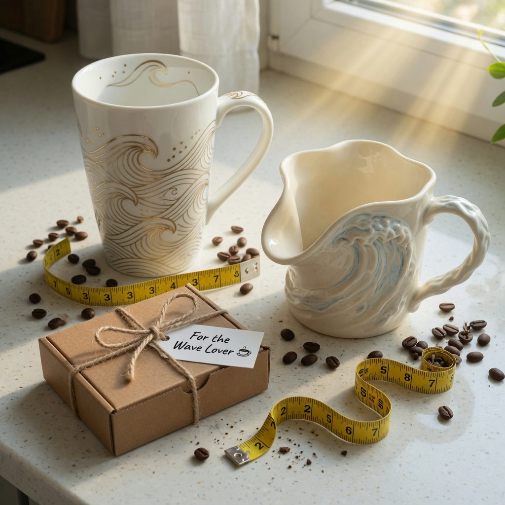 Large unique coffee mugs for gifts: a tall white mug with gold wave lines and a sculptural flowing mug beside a wrapped gift box, coffee beans, and a measuring tape on a kitchen counter