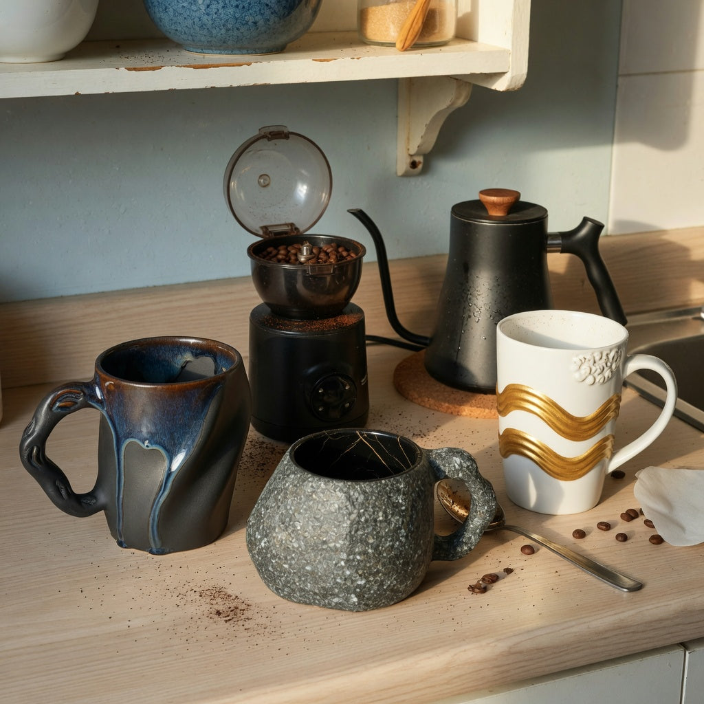 large unique coffee mugs home coffee station product shortlist guide showing Flow, Rock, and White Golden Waves Tall styles on a kitchen counter