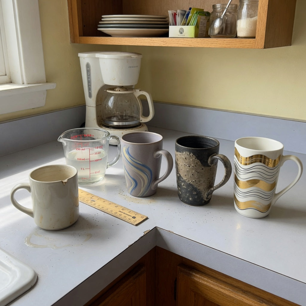 Large unique coffee mugs replacement purchase practical purchase checklist with a chipped mug, ruler, measuring jug, and current replacement options
