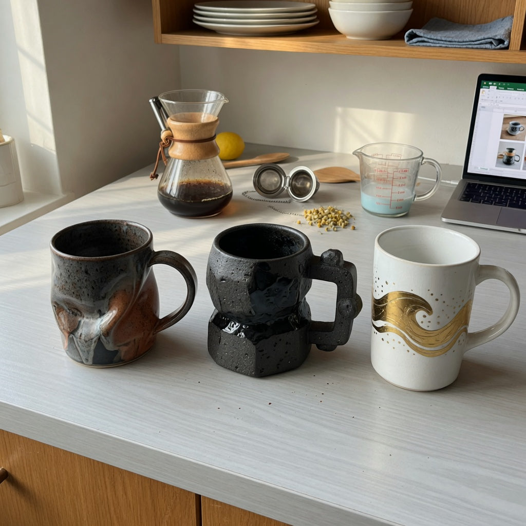 Large unique coffee mugs shared household practical purchase checklist with flowing, rock-inspired, and tall white-and-gold mugs on a kitchen counter
