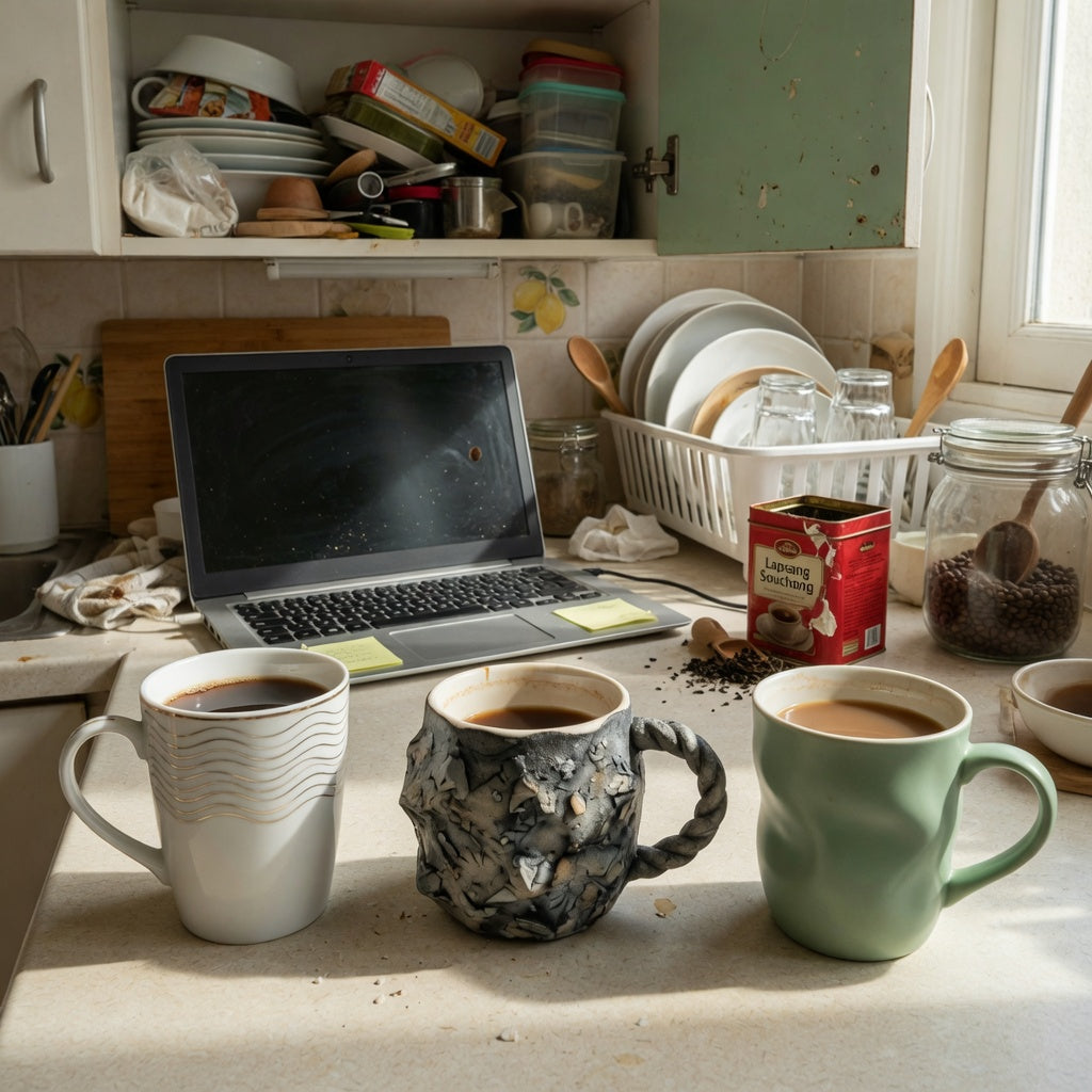 Large unique coffee mugs shared household product shortlist guide showing three distinct mugs on a shared kitchen counter