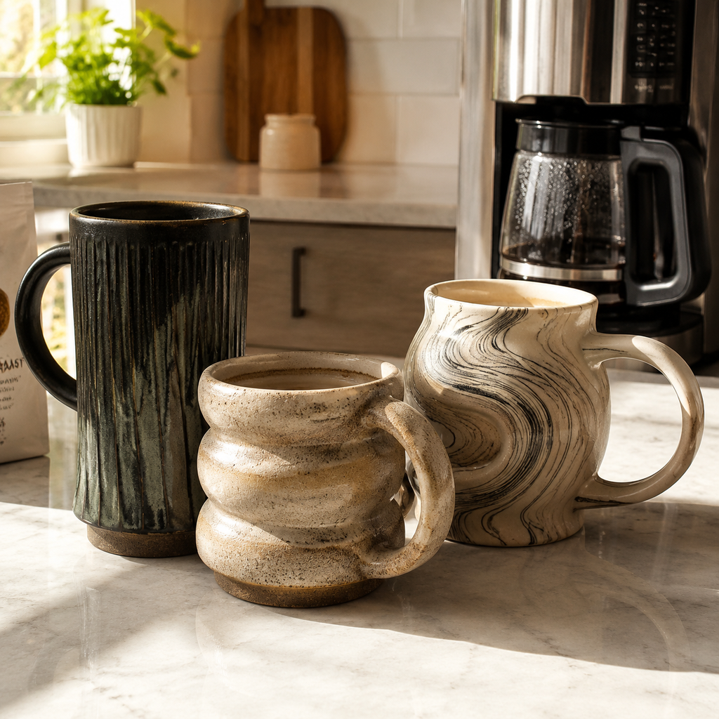 Large unique coffee mugs on a kitchen counter beside a coffee maker