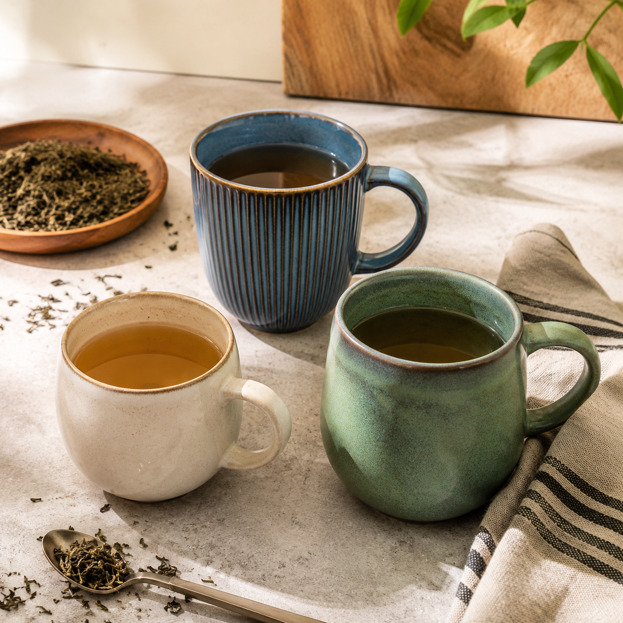 Loose leaf tea mug options in 250, 390, and 400 ml sizes on a tea preparation counter