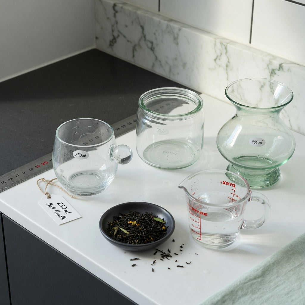 Product comparison for loose leaf tea mug buying priorities showing 250 ml Ball Handle, 390 ml Round, and 400 ml Spittoon drinkware beside a ruler