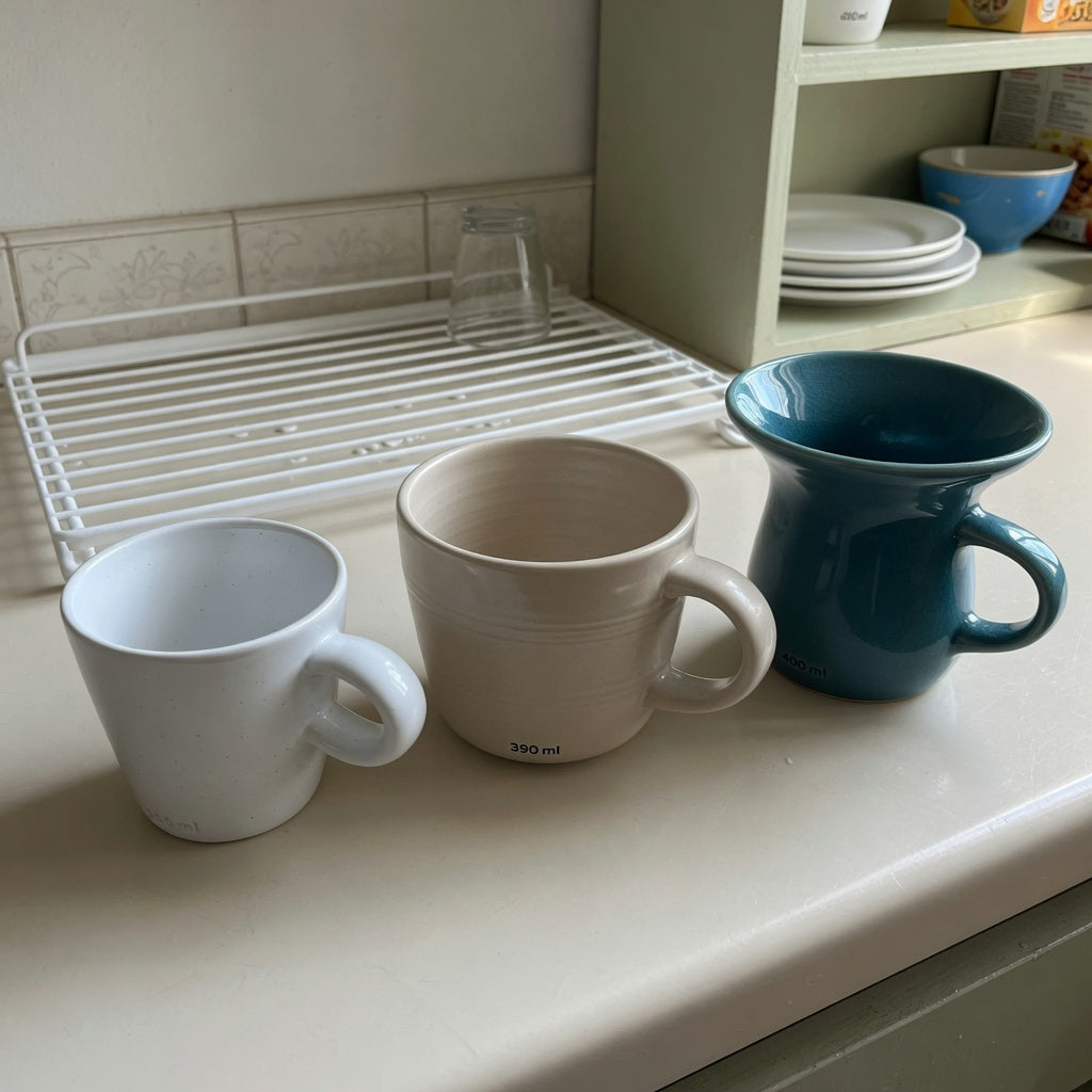 loose leaf tea mug everyday mug rotation product shortlist guide showing Ball Handle, Round, and Spittoon drinkware on a kitchen counter