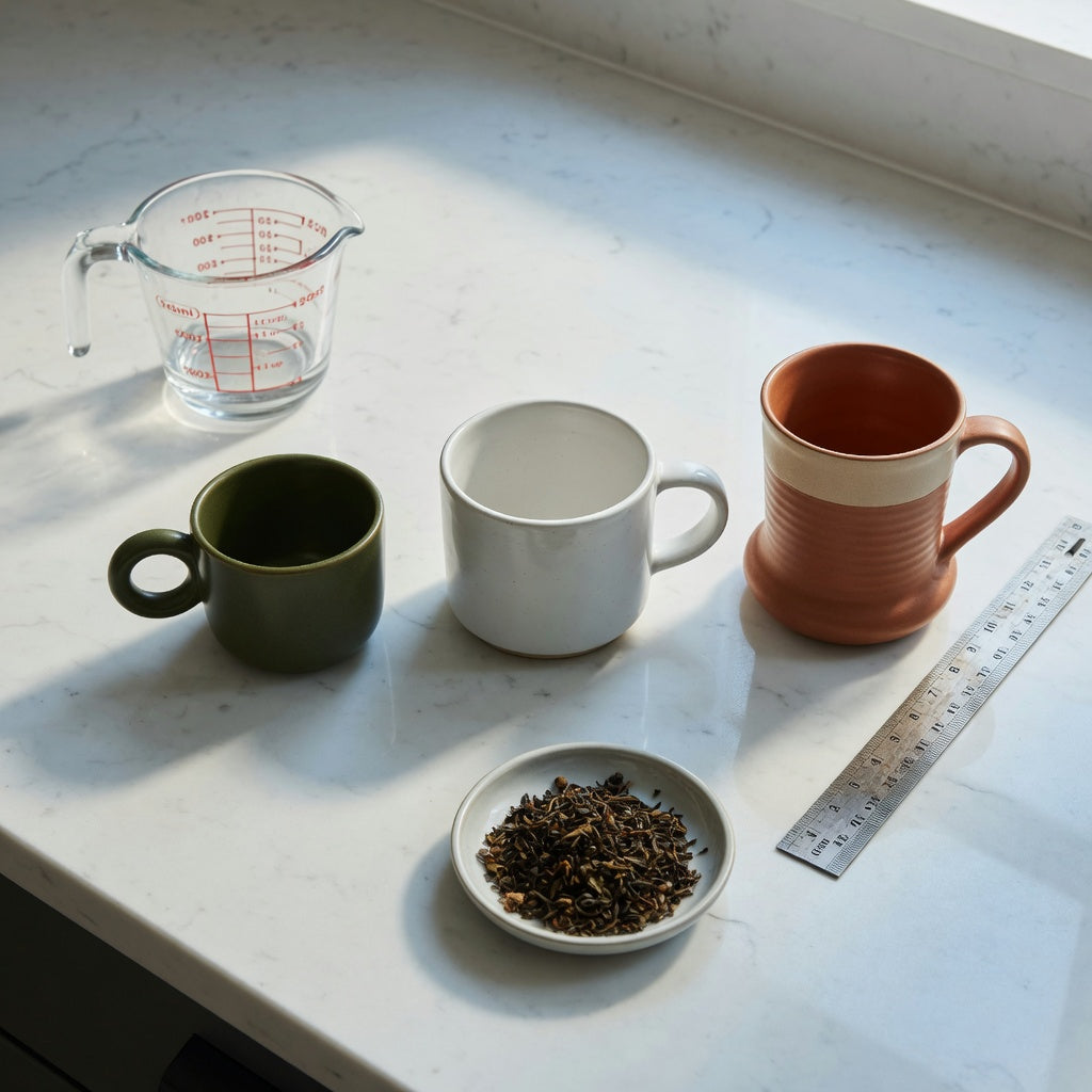 Loose leaf tea mug first time buyer practical purchase checklist with 250 ml, 390 ml, and 400 ml mugs, a measuring jug, and a ruler